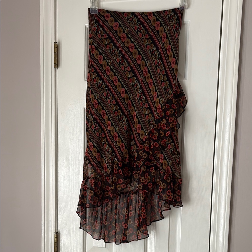 Silk Ruffle Asymmetrical Midi Skirt - Black with Pink Floral